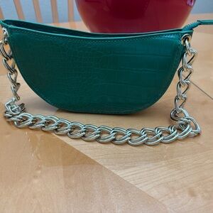 Zara Teal Croc-Embossed Wristlet with Gold Chain